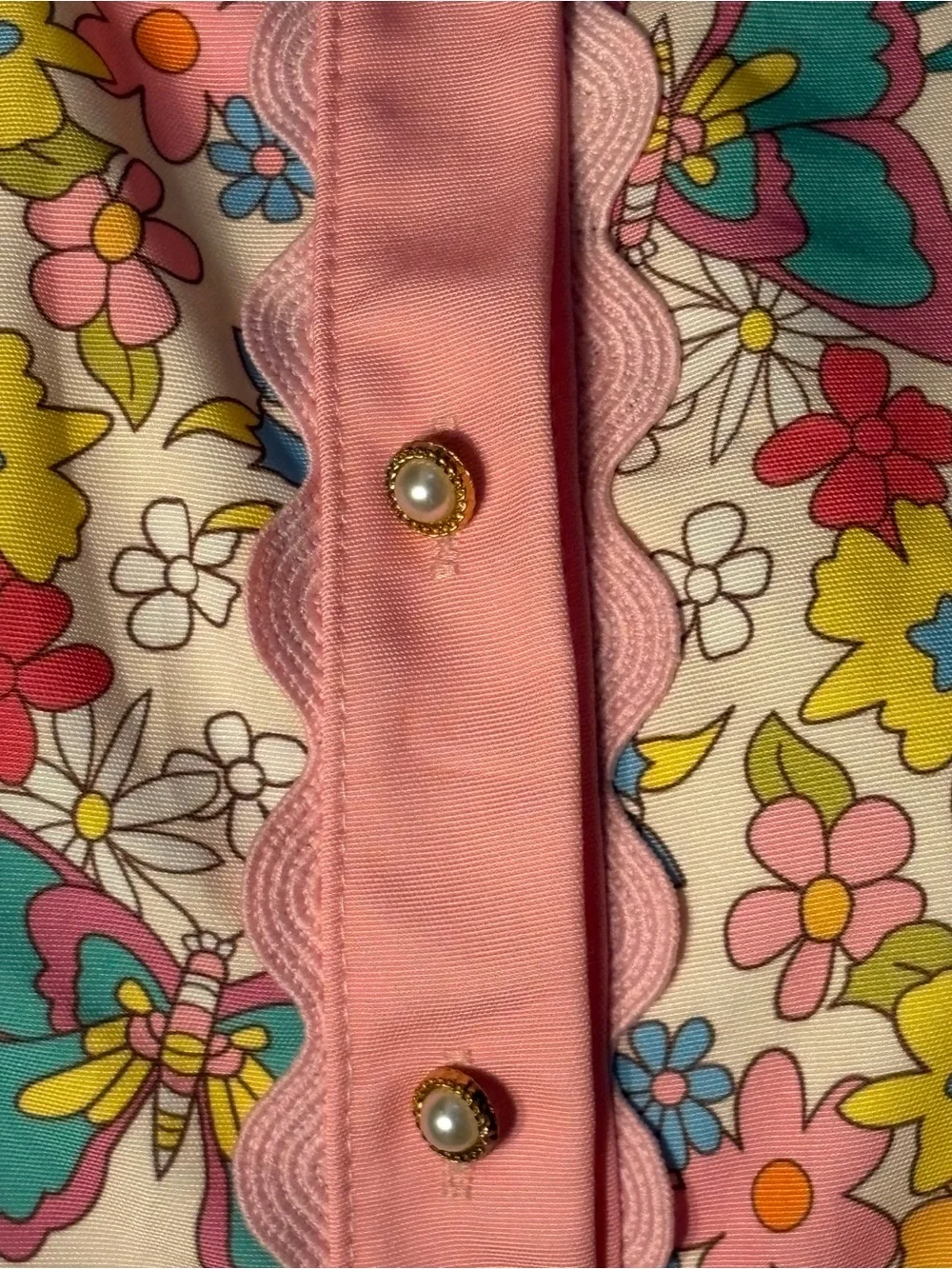 Pink Floral Button Front Scallop Trim Puff Short Sleeve Mini Shift Dress - Picture 3 of 7